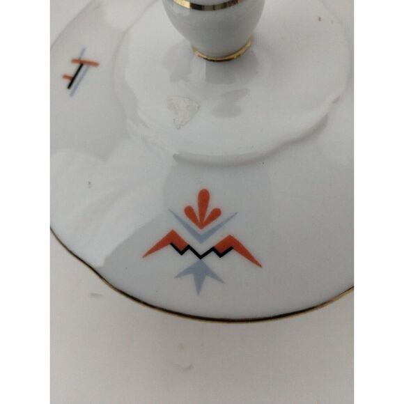 Vintage Sugar Bowl with Lid White Porcelain Gold Trim Geometric Design - Picture 10 of 10